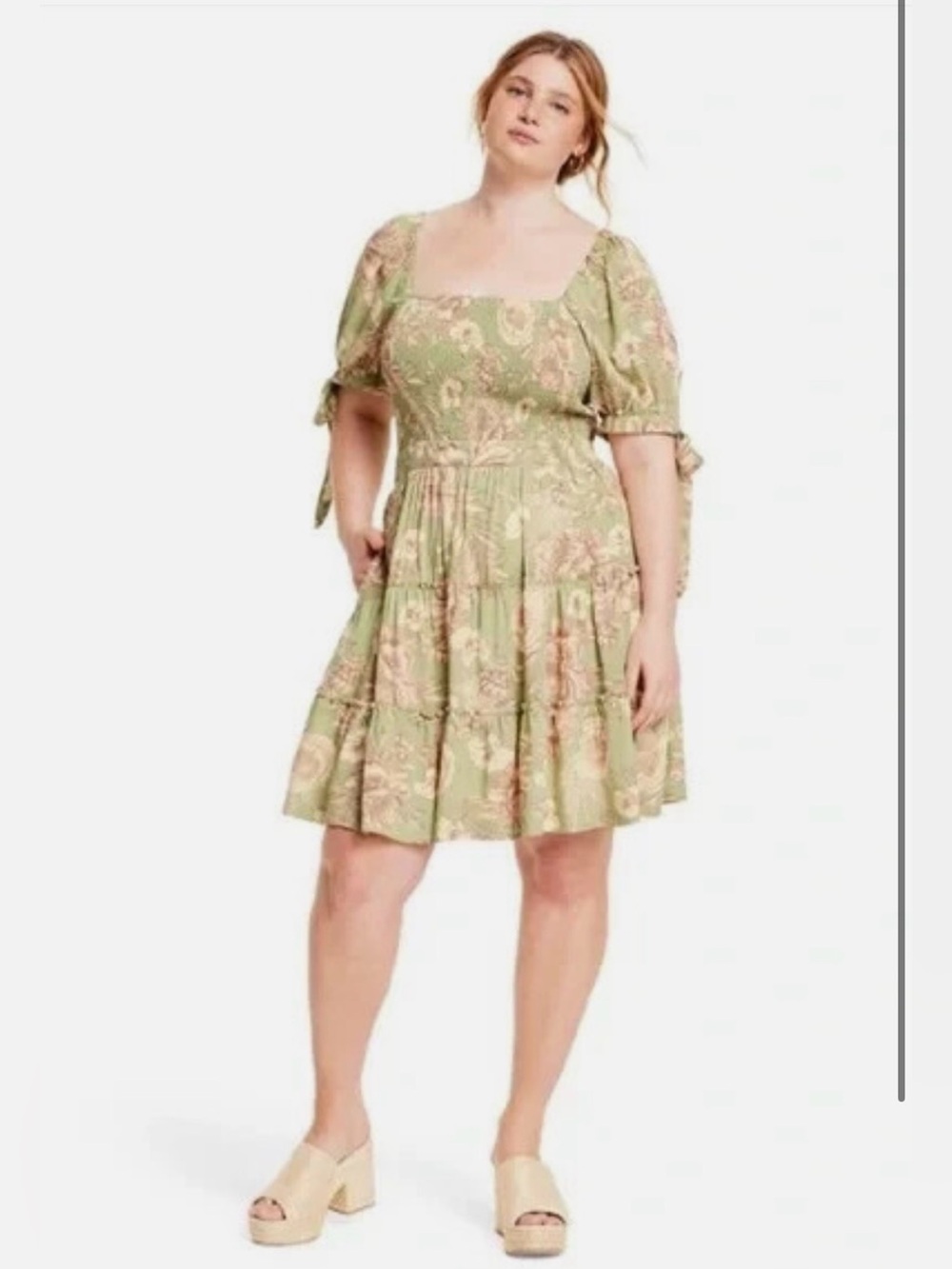 Agua Bendita Sage Green Floral Puff-Sleeve Midi Dress